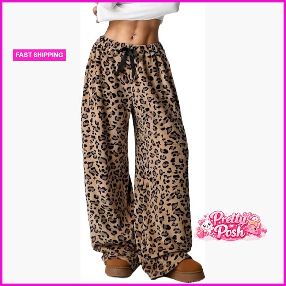 Fuzzy Leopard Print Pajama Pants Polyester Drawstring Waist